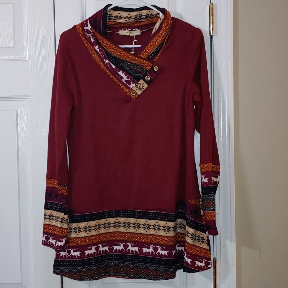 Miusey Women's Long Sleeve Cowl Neck Tunic Winter Theme  Sz M NWT
